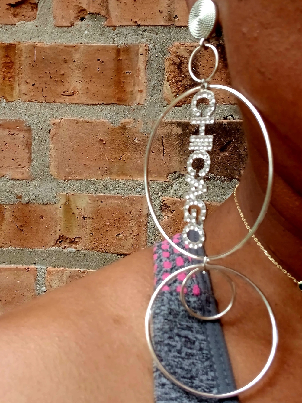 Silver Hoop Drop Earrings with Rhinestone Logo Accent - Picture 2 of 2